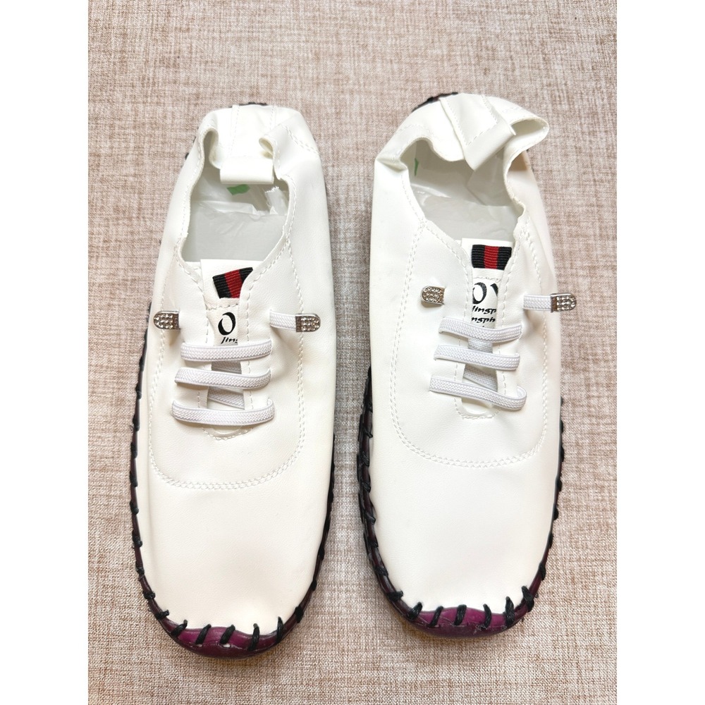 White Faux Leather Whipstitch Loafers Rhinestone Toggle Sneakers Womens 8